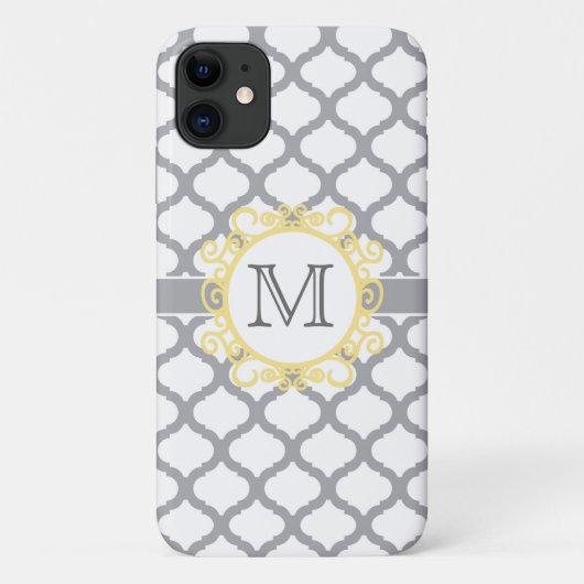 Coques Case-Mate iPhone Monogramme de quadrefoil gris et jaune (Dos)