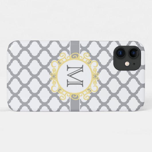 Coques Case-Mate iPhone Monogramme de quadrefoil gris et jaune (Dos (Horizontal))