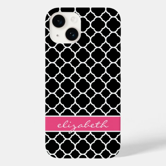 Coques Case-Mate iPhone Monogramme de Quatrefoil moderne noir et rose (Verso)
