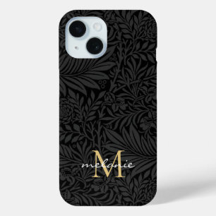 Coque Pour iPhone 15 Monogramme de script floral noir élégant