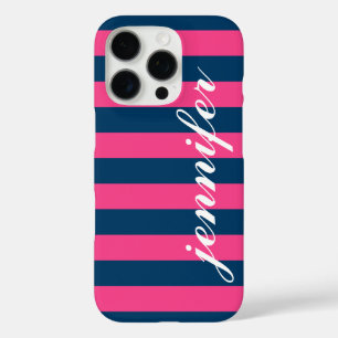 iPhone 16 Pro Case Monogramme de script personnalisé Hot Pink et Navy