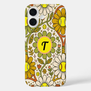 Coques iPhone 16 Monogramme de tennis floral groovy personnalisé