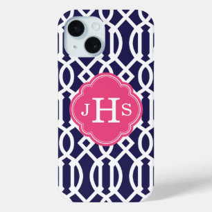 Coque Pour iPhone 15 Monogramme de treillis bleu marine et rose