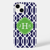 Coques Case-Mate iPhone Monogramme de treillis moderne bleu marine et vert (Verso)