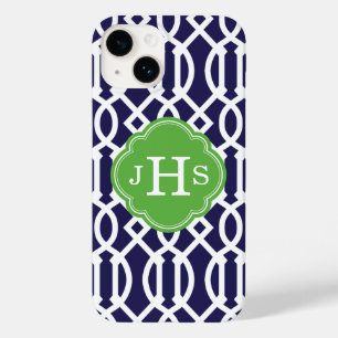 Coques Pour iPhone Monogramme de treillis moderne bleu marine et vert