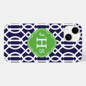 Coques Case-Mate iPhone Monogramme de treillis moderne bleu marine et vert (Verso (horizontal))