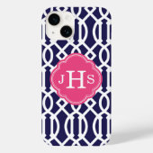 Coques Case-Mate iPhone Monogramme de Trellis moderne bleu marine et rose (Verso)