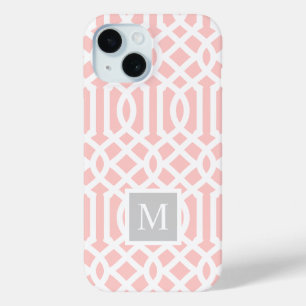 Coque Pour iPhone 15 Monogramme de Trellis rose et gris   Couleurs modi