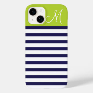 Coques Pour iPhone Monogramme des bandes de Preppy bleu et vert de la