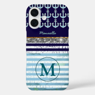 Coques iPhone 16 Monogramme des rayures de filles de la marine