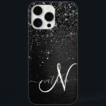 Coques iPhone 16 Pro Max Monogramme d'étincelle à Parties scintillant noire<br><div class="desc">Personnalisez facilement ce design élégant et branché de boîtier de téléphone avec une jolie parties scintillant brillante noire sur un arrière - plan métallique brossé noir.</div>