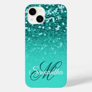 Coque Pour iPhone 14 Monogramme d'ombre à Parties scintillant Turquoise