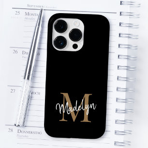 Coque Pour iPhone 14 Pro Monogramme d'or noir moderne Nom du script féminin