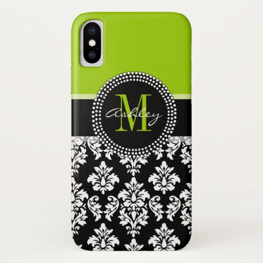 Coques Case-Mate iPhone Monogramme du masque de Damas noir vert de la chau (Dos)