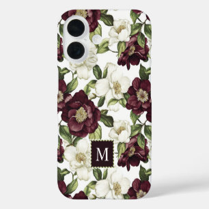 Coques iPhone 16 Monogramme du modèle floral de Bourgogne