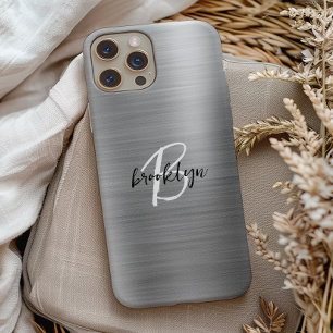 Coque Pour iPhone 15 Monogramme écriture noir et blanc sur métal brossé