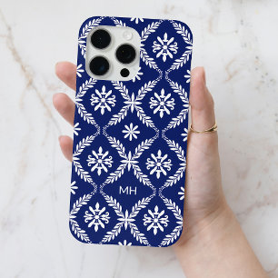 Coque iPhone 15 Pro Max Monogramme Elegant Bleu et Blanc motif floral