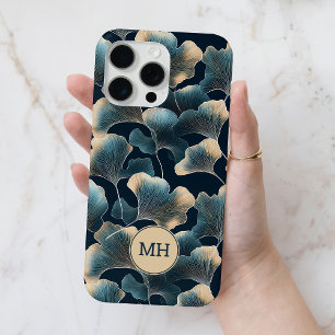 Coque iPhone 15 Pro Max Monogramme Elégant Bleu Ginkgo Motif Floral