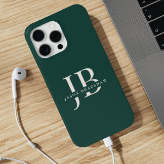 Coque iPhone 15 Pro Max Monogramme élégant classique et nom vert foncé
