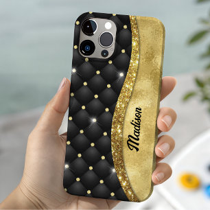 Coque Pour iPhone 15 Monogramme élégant faux diamant noir paillettes or
