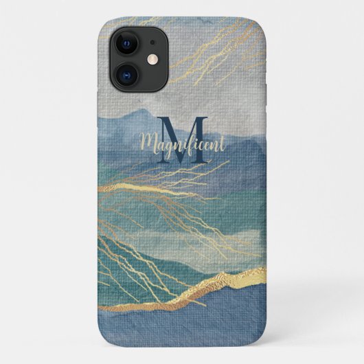 Coques Case-Mate iPhone Monogramme Elegant Gold Blue Paysage Art (Dos)