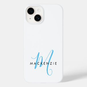 Coque Pour iPhone 14 Monogramme élégant moderne blanc et bleu ciel en é