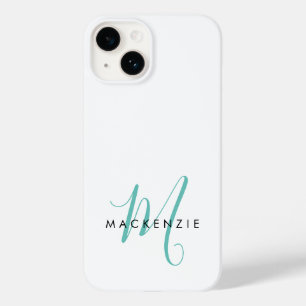 Coque Pour iPhone 14 Monogramme élégant moderne blanc sarcelle Script