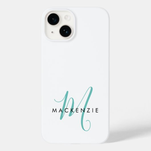 Coques Case-Mate iPhone Monogramme élégant moderne blanc sarcelle Script (Verso)