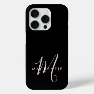 Coque iPhone 15 Pro Monogramme élégant moderne noir rose blush écritur