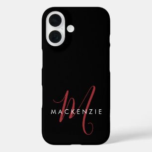Coques iPhone 16 Monogramme élégant moderne noir rouge script