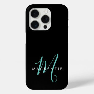 Coque iPhone 15 Pro Monogramme élégant moderne noir sarcelle écriture