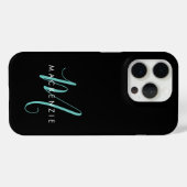 Coques Case-Mate iPhone Monogramme élégant moderne noir sarcelle écriture (Verso (horizontal))