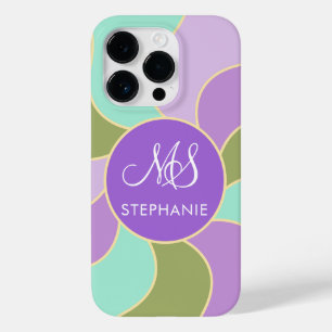 Coque Pour iPhone 14 Pro Monogramme Élégant Purple Vert Rétro Vagues Soleil