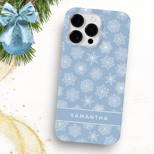 Coque Pour Pour iPhone 14 Pro Max Monogramme Élégant Snowflakes Bleu Noël