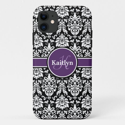 Coques Case-Mate iPhone Monogramme élégant violet noir blanc Damas (Dos)