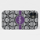Coques Case-Mate iPhone Monogramme élégant violet noir blanc Damas (Dos (Horizontal))