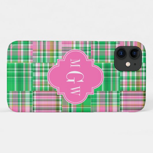 Coques Case-Mate iPhone Monogramme Emerald Hot rose Preppwork Madras (Dos (Horizontal))