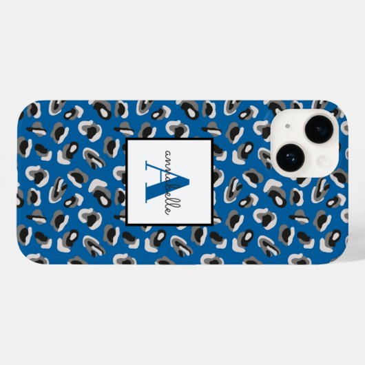 Coques Case-Mate iPhone Monogramme Empreinte de léopard bleu (Verso (horizontal))