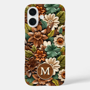 Coques iPhone 16 Monogramme en bois floral personnalisé