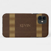 Coques Case-Mate iPhone Monogramme en cuir Brown et rayures en or (Dos (Horizontal))