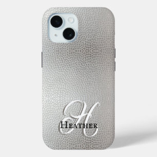 Coque Pour iPhone 15 Monogramme en cuir Faux d'argent moderne Nom initi