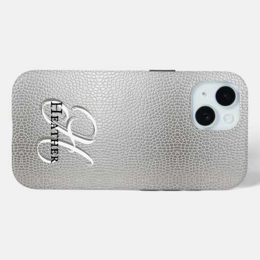 Coques Case-Mate iPhone Monogramme en cuir Faux d'argent moderne Nom initi (Verso (horizontal))
