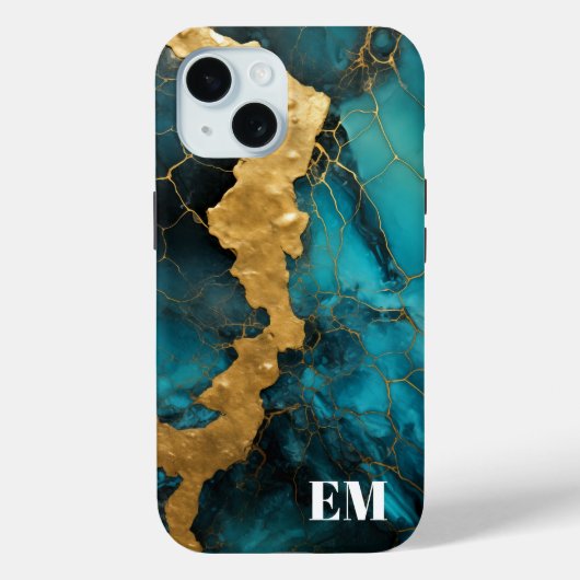 Coques Case-Mate iPhone Monogramme en marbre Abstrait turquoise bleu or (Verso)
