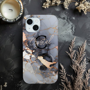 Coque Pour iPhone 15 Monogramme en marbre doré rose personnalisé
