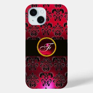 COQUE POUR iPhone 15 MONOGRAMME EN PIERRE DE GEM BLACK BURGUNDY ROUGE