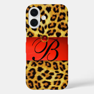 COQUES iPhone 16  MONOGRAMME EN PIERRE ROUGE DE LA FOURRURE LÉOPARDE