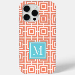 Coque iPhone 15 Pro Max Monogramme en treillis carré Preppy Corail & Turqu