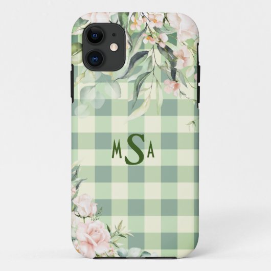 Coques Case-Mate iPhone Monogramme En vichy floral vert et blanc (Dos)