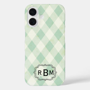 Coques iPhone 16 Monogramme encadré sur motif vichy vert et blanc