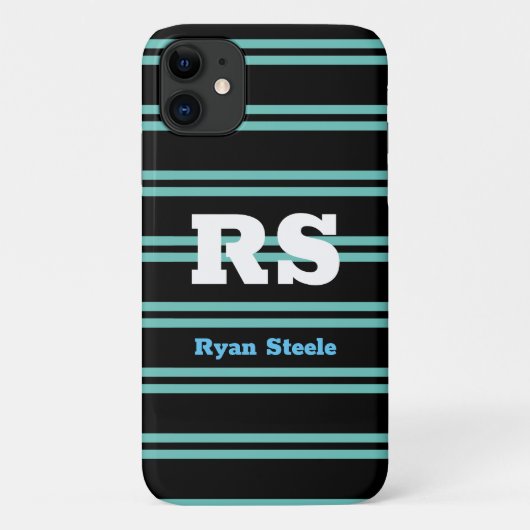 Coques Case-Mate iPhone Monogramme et nom gras, lignes sarcelle clair sur (Dos)